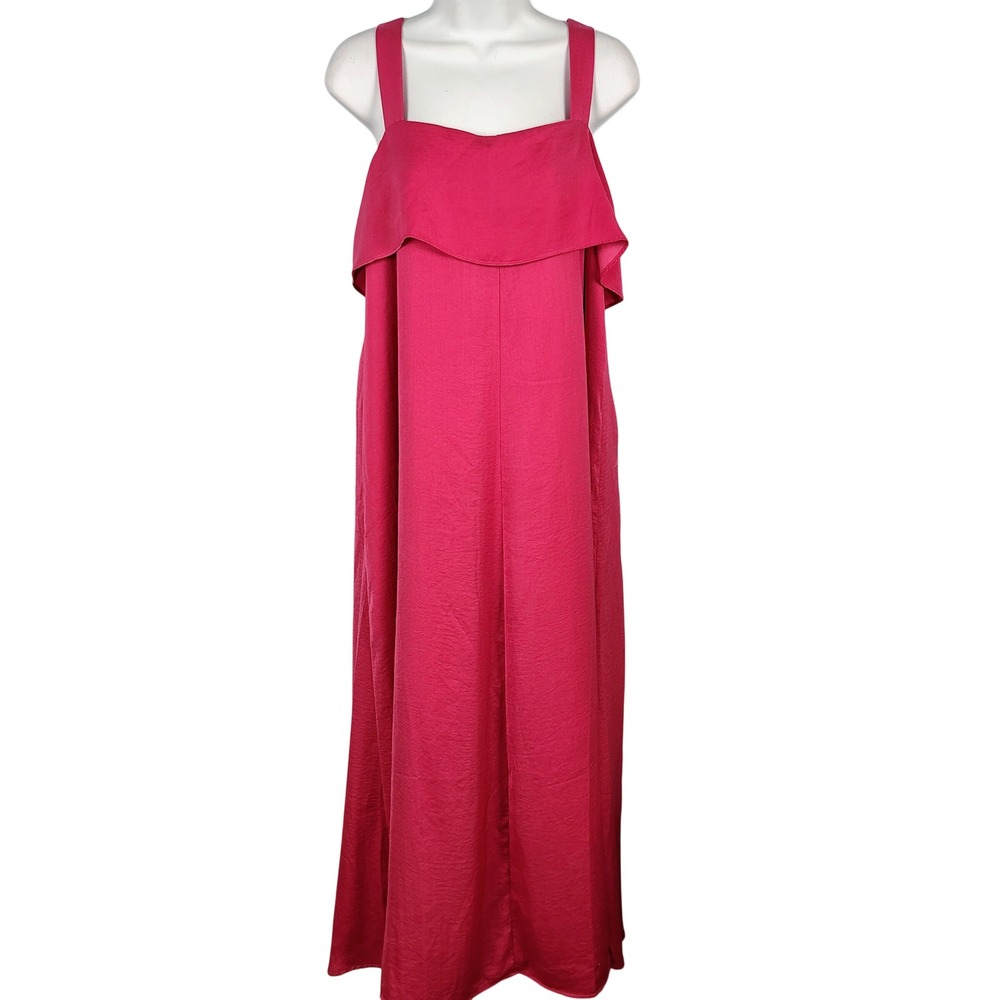 Banana Republic Womens L Maxi Dress Pink Satin Look Tiered Tie Back Barbiecore
